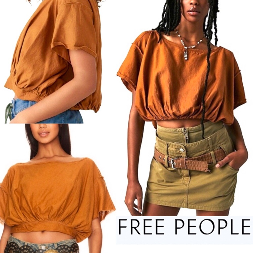 Free People We The Free Cloud 9 Spice Pecan Linen Blend Boxy Fit Bubble Crop Top